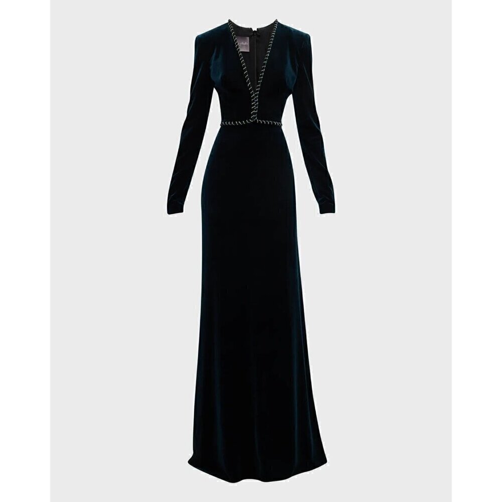 $4295 Monique Lhuillier 14 Plunging Crystal embellished Velour Gown elegant - Picture 14 of 14